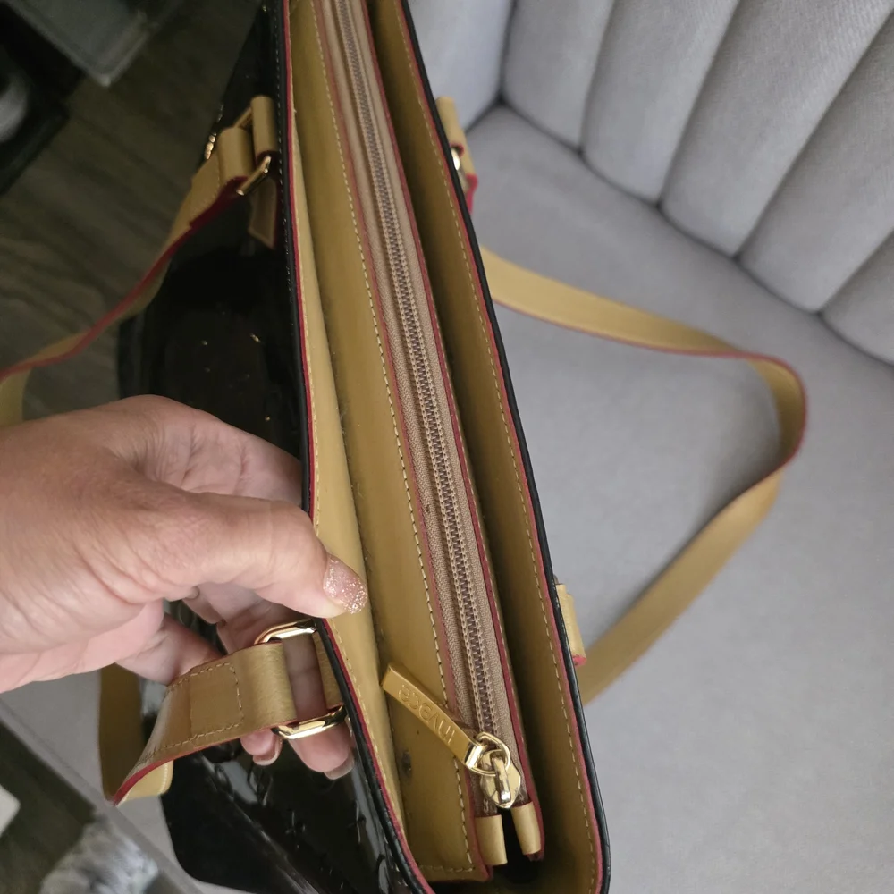 INVECE Blue Dark Patent Tote with Tan Handles - Women Bags.used,paint Defect.